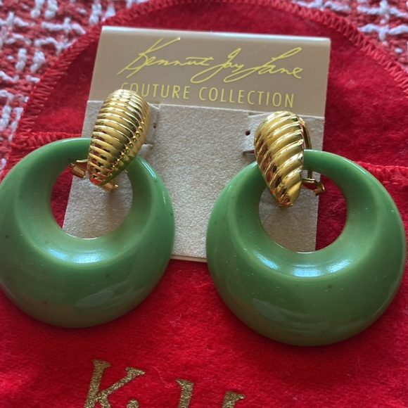 Kenneth Jay Lane Green Gold gold plated drop Hoop Earrings - Picture 2 of 5